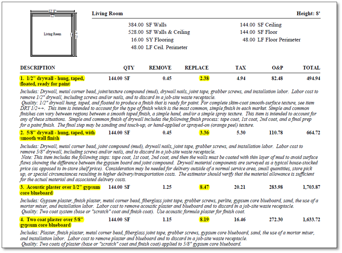 A sample Xactimate pricing guide to demonstrate the difference in cost between possible replacement materials.