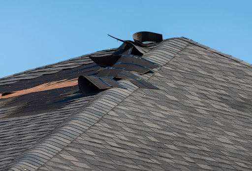 Broken shingles along a roof line