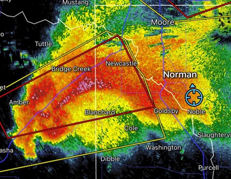A radar image of the possible Fujiwhara effect tornado that hit Norman, OK in April, 2023.