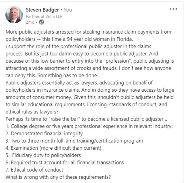 LinkedIn message from Steven Badger about public adjusters arrested for stealing insurance claim payments from policyholders,