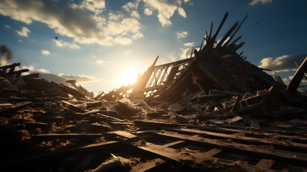 Home destroyed by a tornado with the sun rising in the background